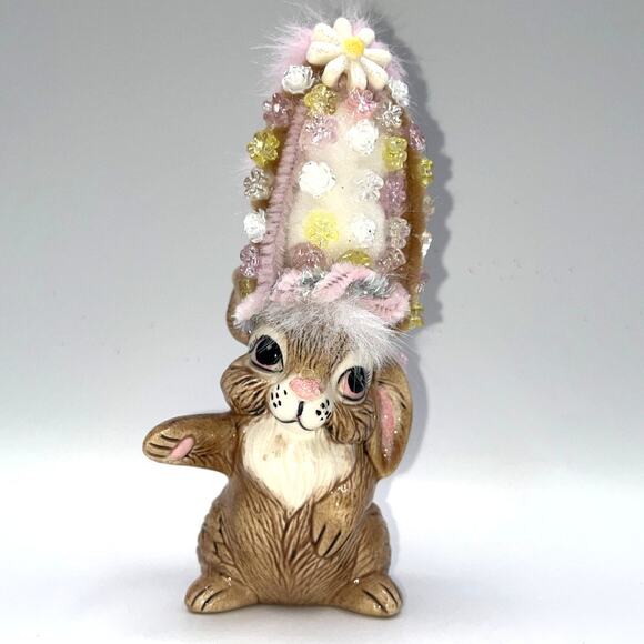 Vintage Ceramic Dancing Easter Bunny With Poof Faux Fur Flower Hat Deb O. OOAK - Picture 2 of 16